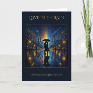 Rainy Night Kiss Under Umbrella Rainbow Skyline Card