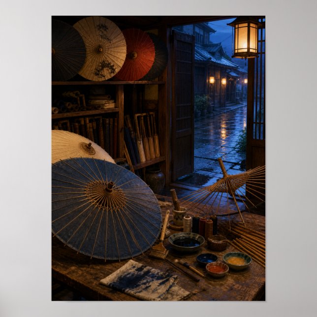 Rainy Paper Umbrella Workshop 12x16 Poster (Front)
