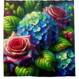 “Rainy Radiant Hydrangeas and Roses Art” Shower Curtain