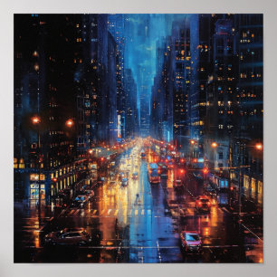 Rainy Rhapsody: City Lights Reflection Poster
