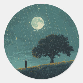 Rainy Solitude – Lonely Person & Tree Illustration Classic Round Sticker