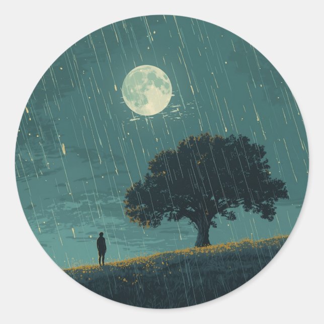 Rainy Solitude – Lonely Person & Tree Illustration Classic Round Sticker (Front)