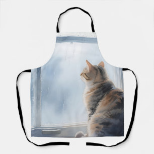 Rainy Window Watercolor Tabby Cat Apron