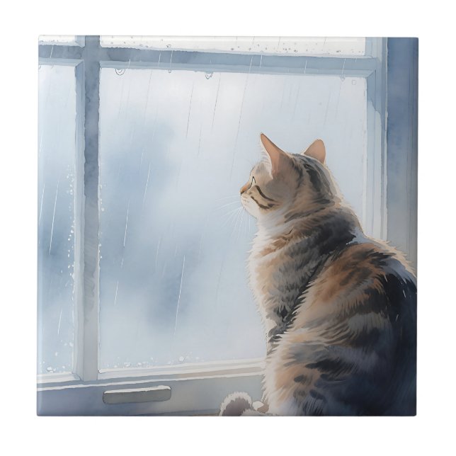 Rainy Window Watercolor Tabby Cat Ceramic Tile (Front)