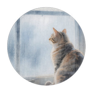 Rainy Window Watercolor Tabby Cat Cutting Board