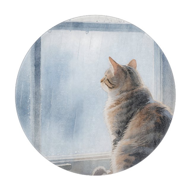 Rainy Window Watercolor Tabby Cat Cutting Board (Front)
