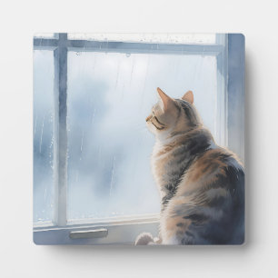 Rainy Window Watercolor Tabby Cat Plaque
