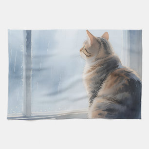 Rainy Window Watercolor Tabby Cat Tea Towel