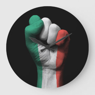 Raised Clenched Fist with Italian Flag Large Clock