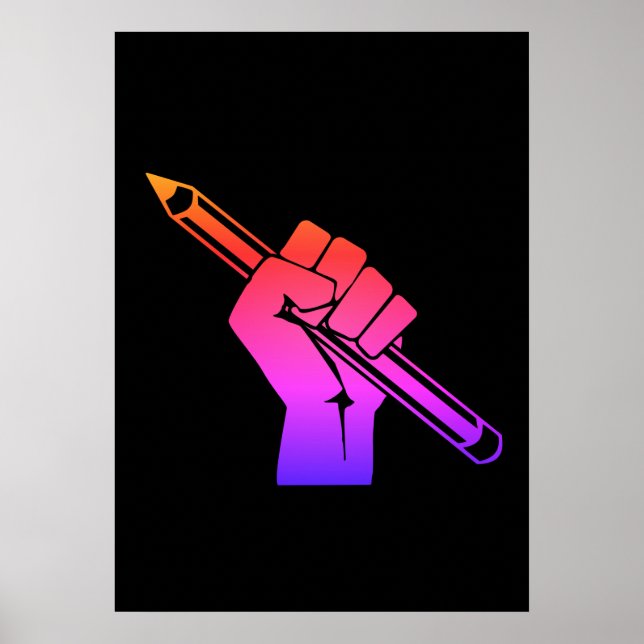 Raised Fist Holding Pencil Rainbow Poster (Front)