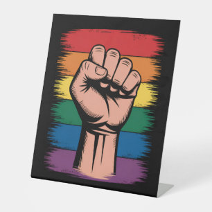 Raised Fist Pride Rainbow LGBTQ Support Rights Pedestal Sign