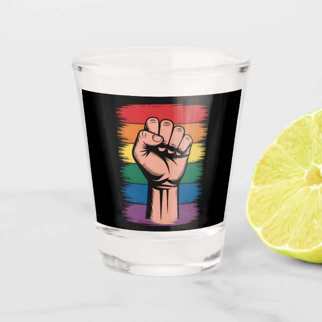 Raised Fist Pride Rainbow LGBTQ Support Rights Shot Glass (Front)