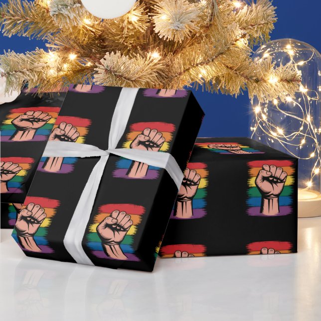 Raised Fist Pride Rainbow LGBTQ Support Rights Wrapping Paper (Holidays)