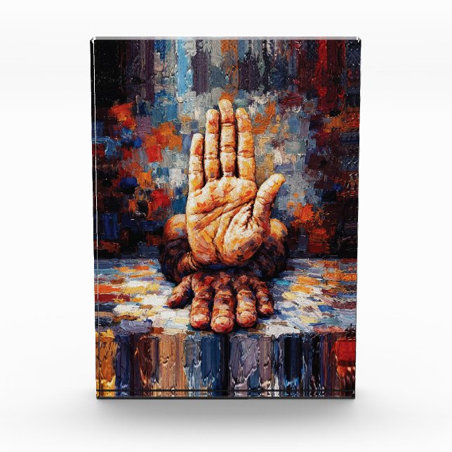 Raised Hand Gesture Expressive Impasto Photo Block (Front)