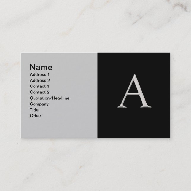 Raised Silver Letter "A" Business Card (Front)