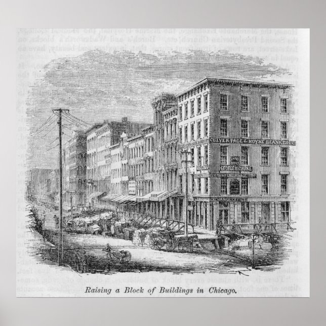 Raising a block of buildings in Chicago Poster (Front)