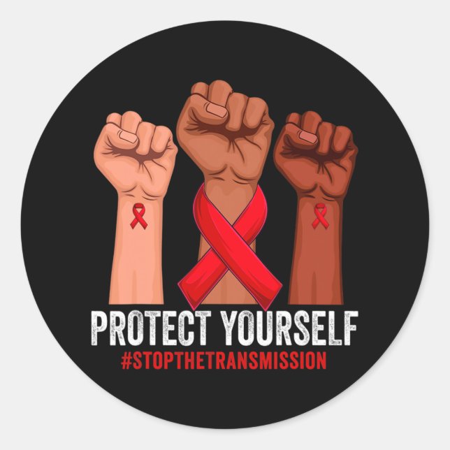 Raising Hand Protect Yourself HIVAIDS Awareness Re Classic Round Sticker (Front)