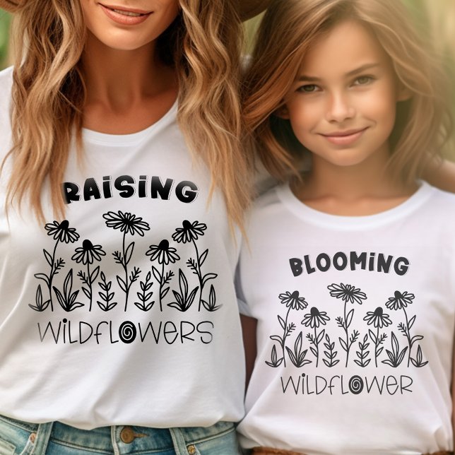Raising Wildflowers Black White Matching Mummy Me T-Shirt (Mommy and Me tees with black and white wildflower design .. mom and kid shirts sold separately)