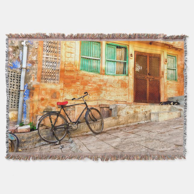 Rajasthan Street Scene: Indian Style Throw Blanket (Front)