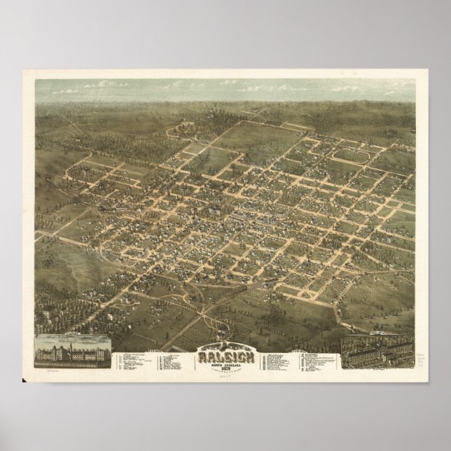 Raleigh N. Carolina 1872 Antique Panoramic Map Poster (Front)