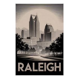 Raleigh North Carolina Skyline Black White Woodcut Poster