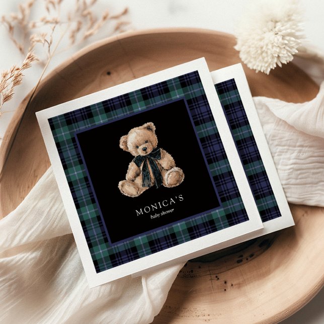 Ralph Teddy Bear Navy Green Plaid Baby Shower Napkin (ralph teddy bear napkins baby shower plaid)