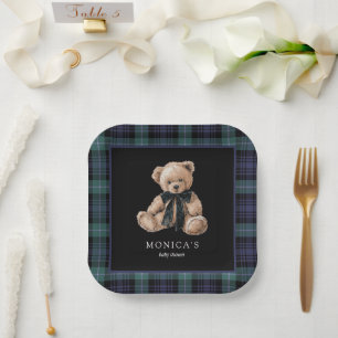 Ralph Teddy Bear Navy Green Plaid Baby Shower Paper Plate