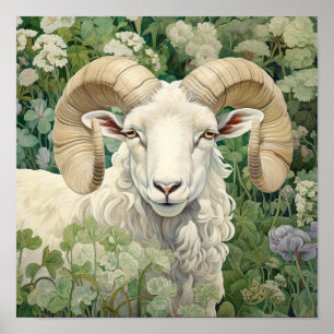 Ram in Meadow Painting Poster