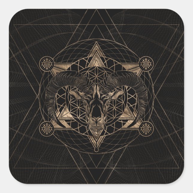 Ram in Sacred Geometry - Black and Gold Square Sticker (Front)