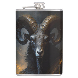 Ram Portrait Animal Nature Wildlife Dark Painting Hip Flask