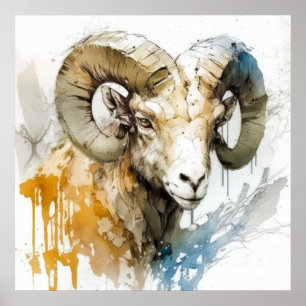 Ram Portrait Animal Painting Wildlife Outdoors Art Poster