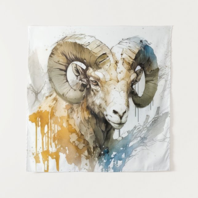 Ram Portrait Animal Painting Wildlife Outdoors Art Tapestry (Front)