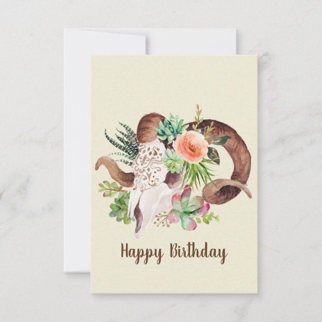 Ram Skull and Succulent Customisable Birthday Card (Front)