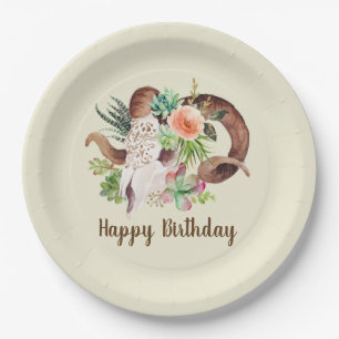 Ram Skull and Succulents Birthday Paper Plate
