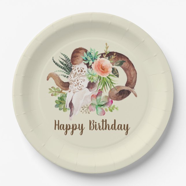 Ram Skull and Succulents Birthday Paper Plate (Front)