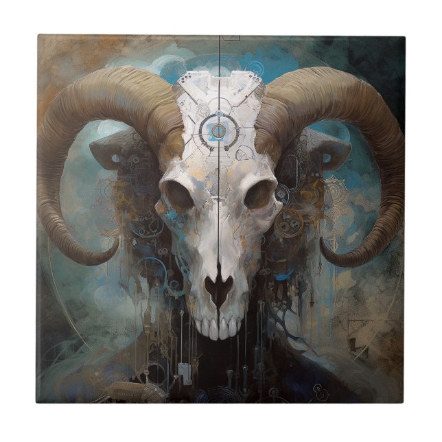 Ram Skull Surreal Fantasy Art Ceramic Tile (Front)