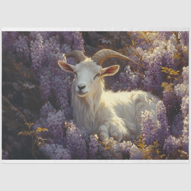 Ram Sleeping in Wisteria Flowers Decoupage Tissue Paper (Front)