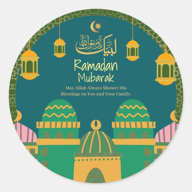 Ramadan| Eid Mubarak  Golden Calligraphy Green  Classic Round Sticker (Front)