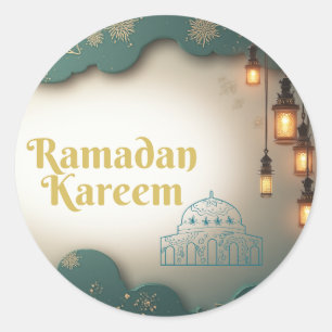 Ramadan Elegance Green & Gold Lanterns and Mosque  Classic Round Sticker