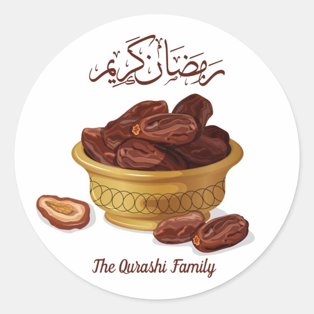 Ramadan Kareem Arabic Calligraphy Bowl of Dates Classic Round Sticker (Front)