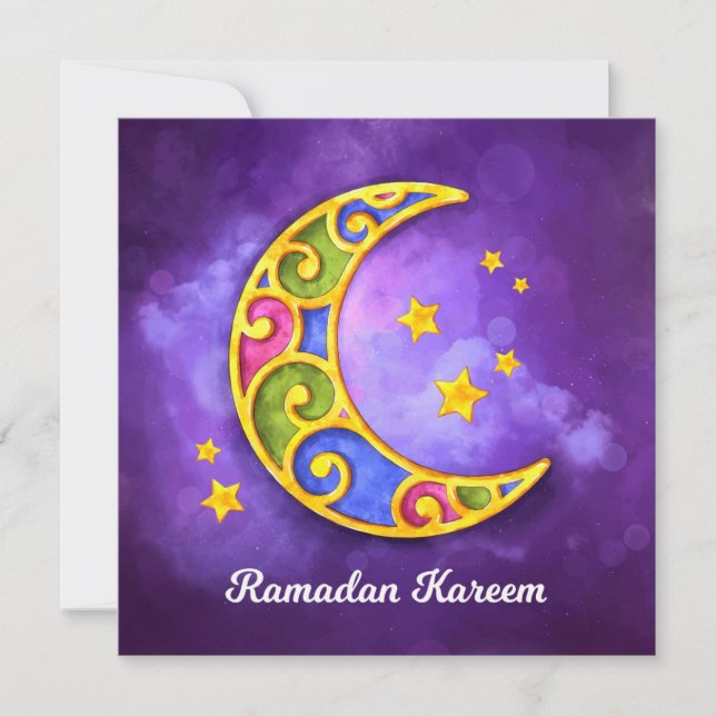 Ramadan Kareem | Colourful Watercolor Crescent  Holiday Card (Front)