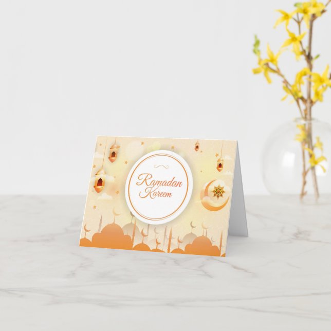 Ramadan Kareem Crescent Mosque Orange Gold Holiday Card (Yellow Flower)
