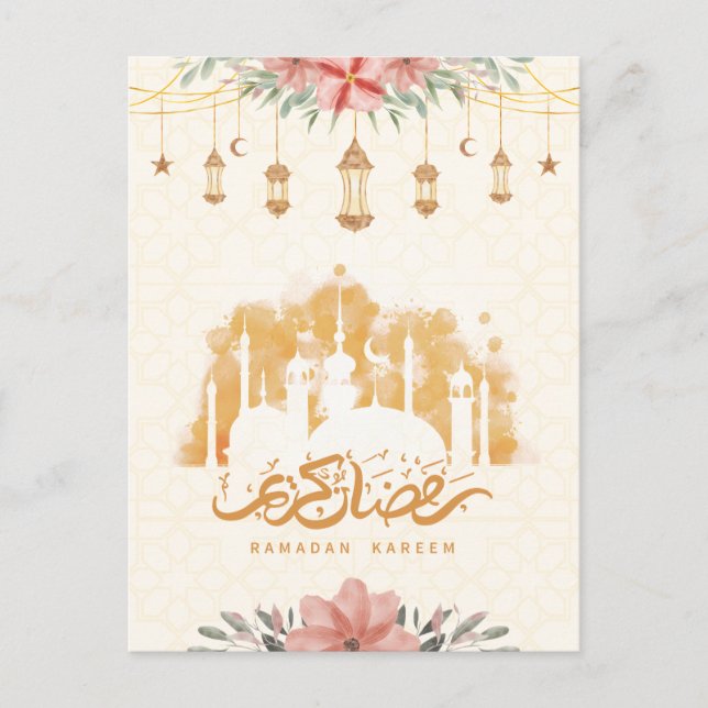 Ramadan Kareem Floral Watercolor Lanterns Postcard (Front)