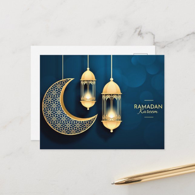 Ramadan Kareem Gold Crescent and lantern Postcard (Front/Back In Situ)
