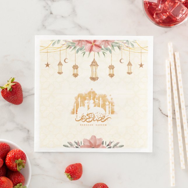 Ramadan Kareem Iftar Floral Watercolor Lanterns Napkin (Insitu)
