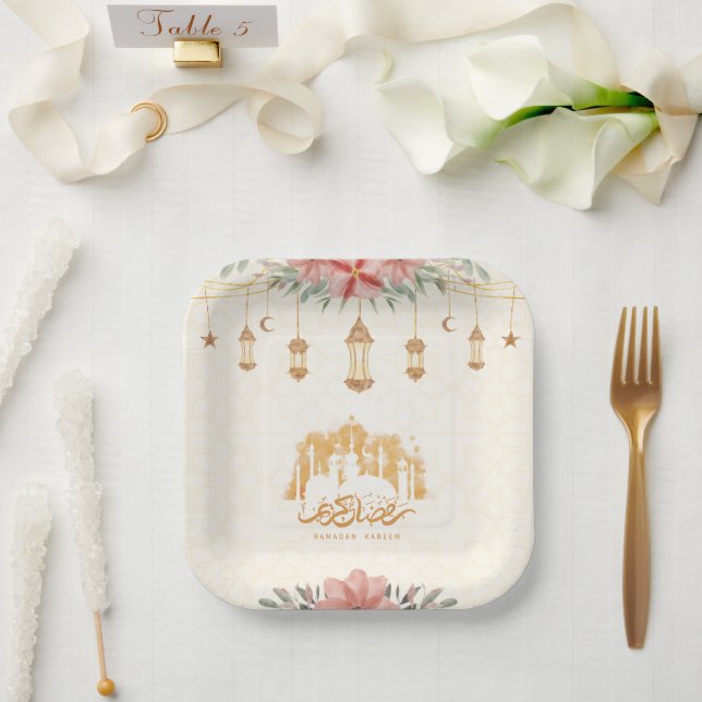 Ramadan Kareem Iftar Floral Watercolor Lanterns Paper Plate (Wedding)
