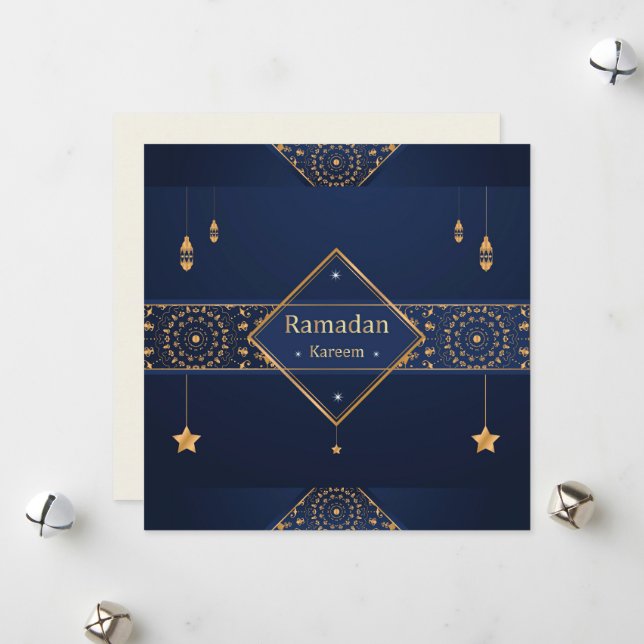 Ramadan Kareem Mubarak Blue Muslim Holiday Card (Front/Back In Situ)