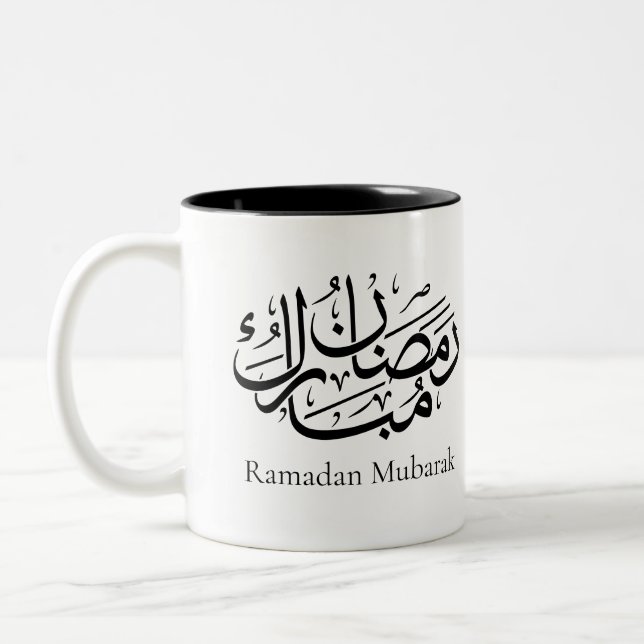Ramadan Mubarak Arabic Calligraphy Art Thuluth Two-Tone Coffee Mug (Left)