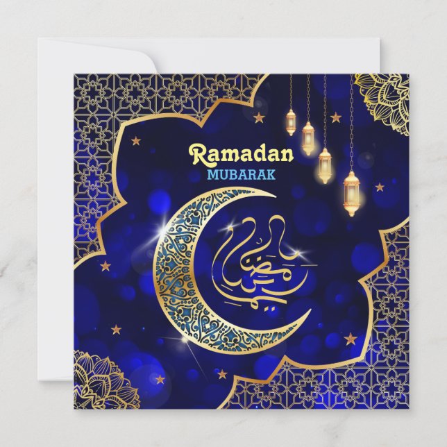 Ramadan Mubarak Arabic Calligraphy Golden Crescent Holiday Card (Front)