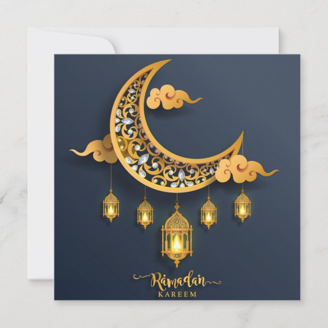 Ramadan Mubarak Bejewel Crescent Islamic Lantern  Holiday Card (Front)